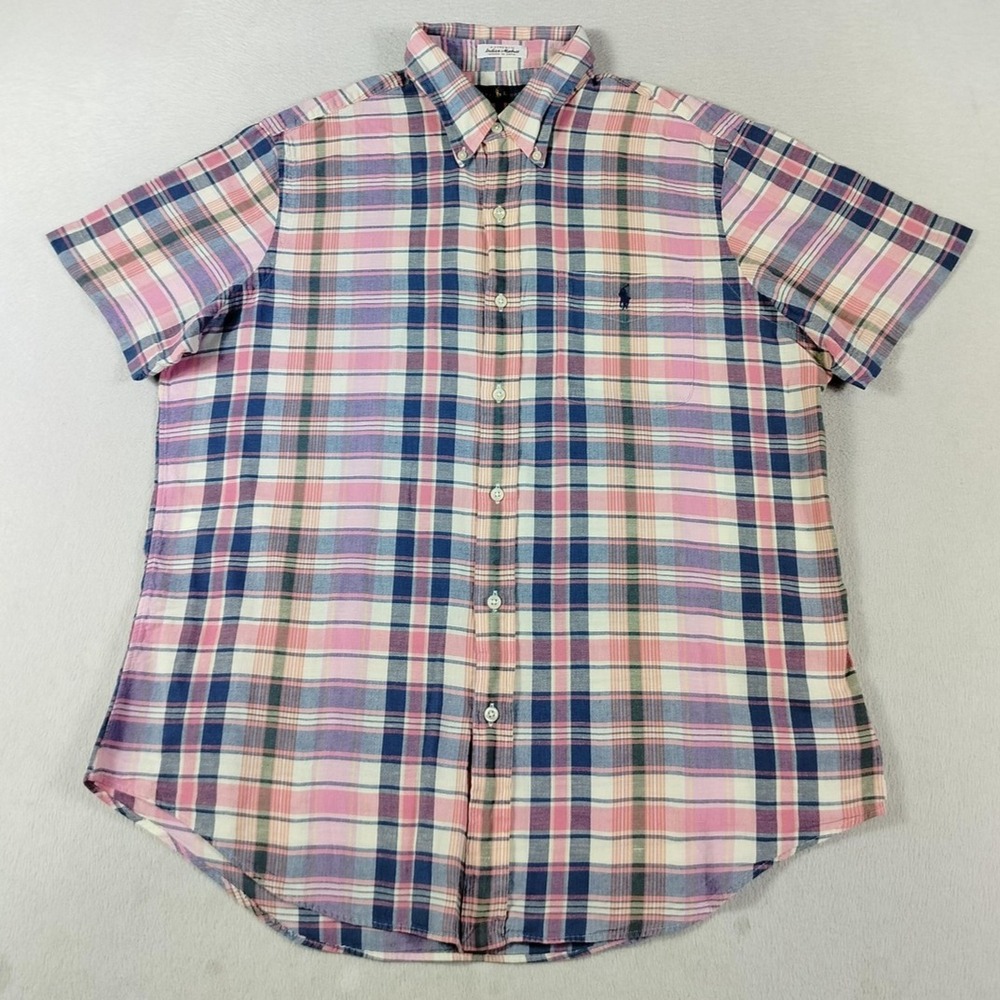 Ralph Lauren Shirt Mens Large‎ Multicolor Indian Madras Plaid Short Sleeve Pony